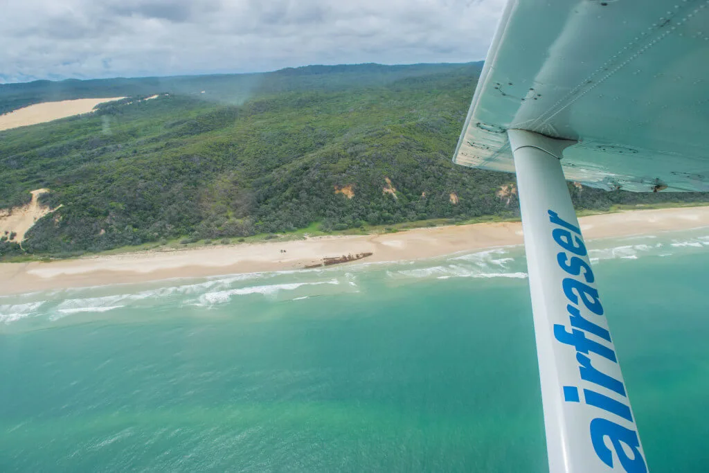 Airfraser scenic flight over fraser island fraser island tours maheno shipwreck from above