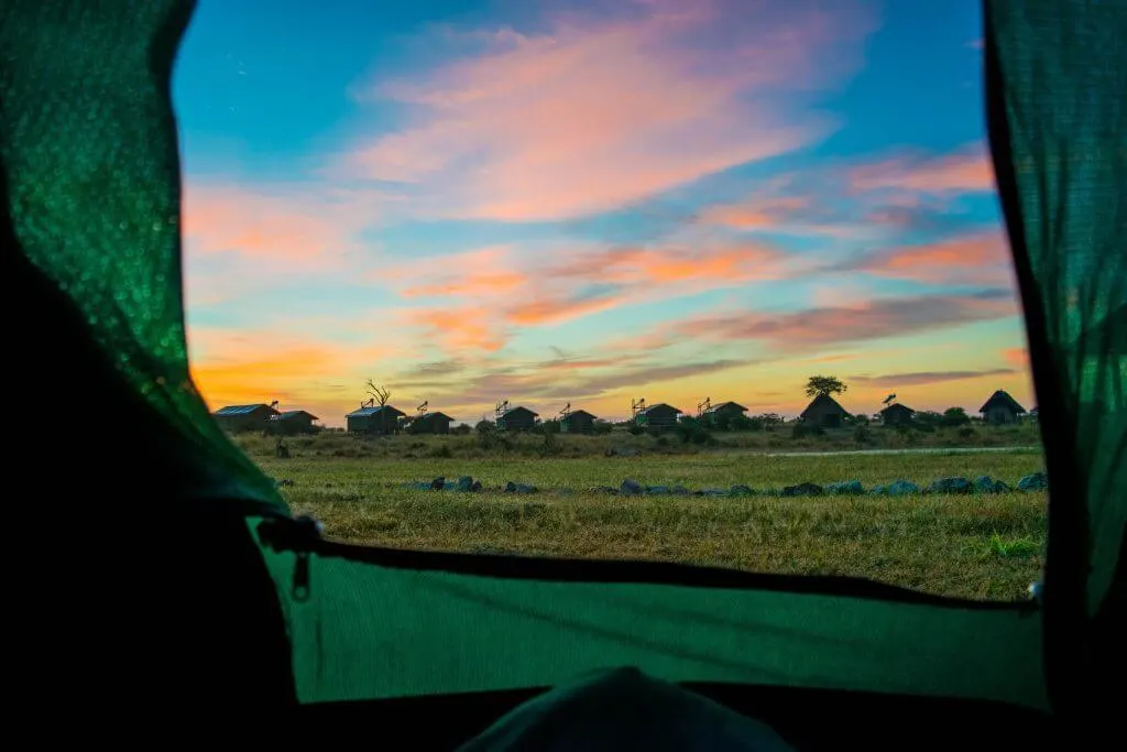 camping tent sunrise botswana Roadtrip through Botswana elephant sands camp