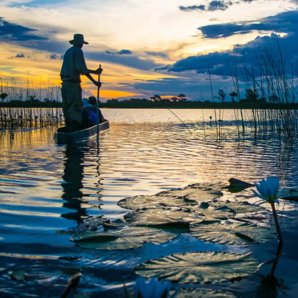 okavango delta safari sunset botswana mokoro boat