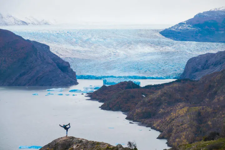 torres del paine W Trek grey glacier yoga pose view
