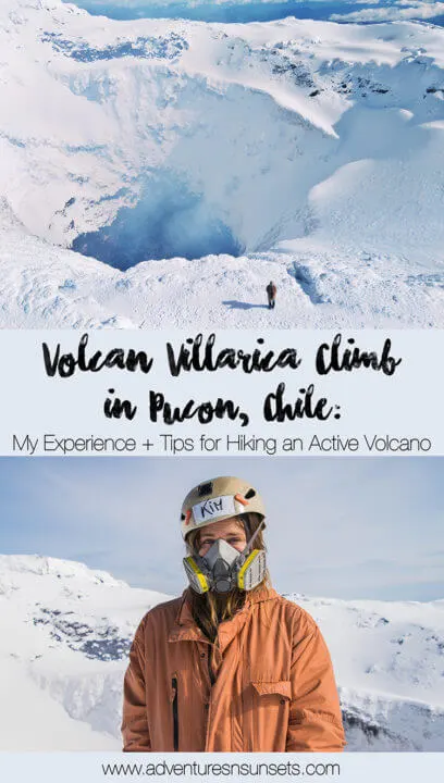 My experience climbing the active Volcan Villarica in Pucon, Chile this fall, with a fresh coat os ice and snow! It was one of the biggest adventures to date and was incredible to look inside the steaming crater of an active volcano. Here are my tips! #volcano #adventure #adventuretravel #hiking #southamerica #patagonia #adventure #volcanvillarica #pucon #chile