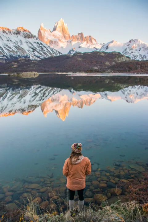 Watching the sunrise over Mt Fitz Roy at Laguna Capri, El Chalten, Argentina before our big hike up to Laguna de Los Tres.