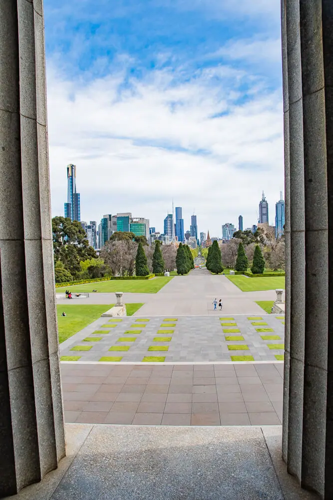 Balcony view from the Shrine of Remembrance over Melbourne's Southbank skyline