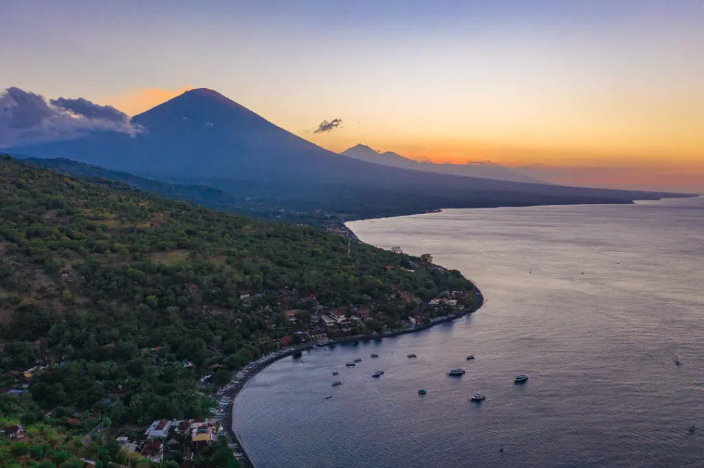 Amed Bali sunset over Mt Agung