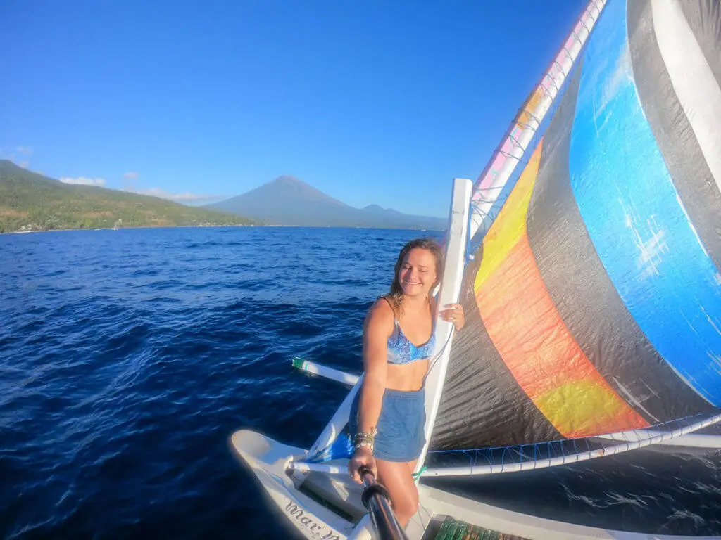 amed fishing boat sunrise east bali go pro selfie