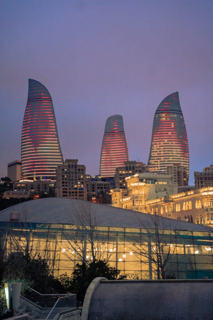 View of the Flame Towers from Mini Venice in Baku Azerbaijan