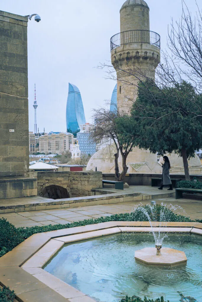 Different views inside the Palace of the Shirvanshahs, view of the flame towers from old town baku