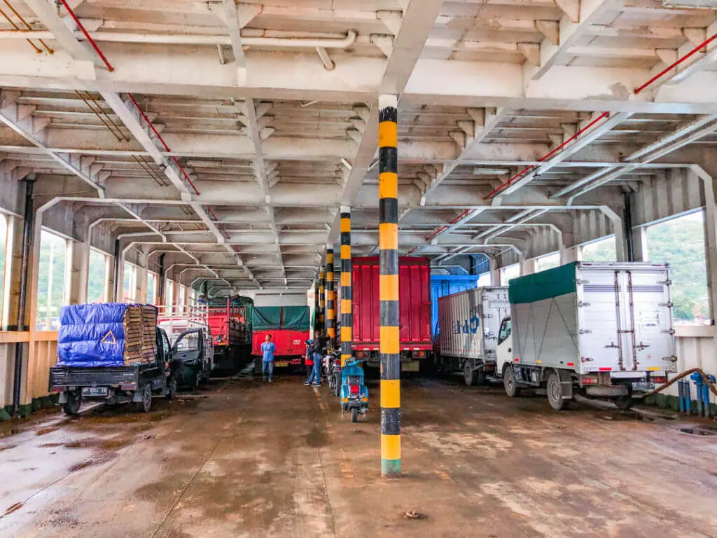 Bali to Lombok Ferry inside truck and vehicle area
