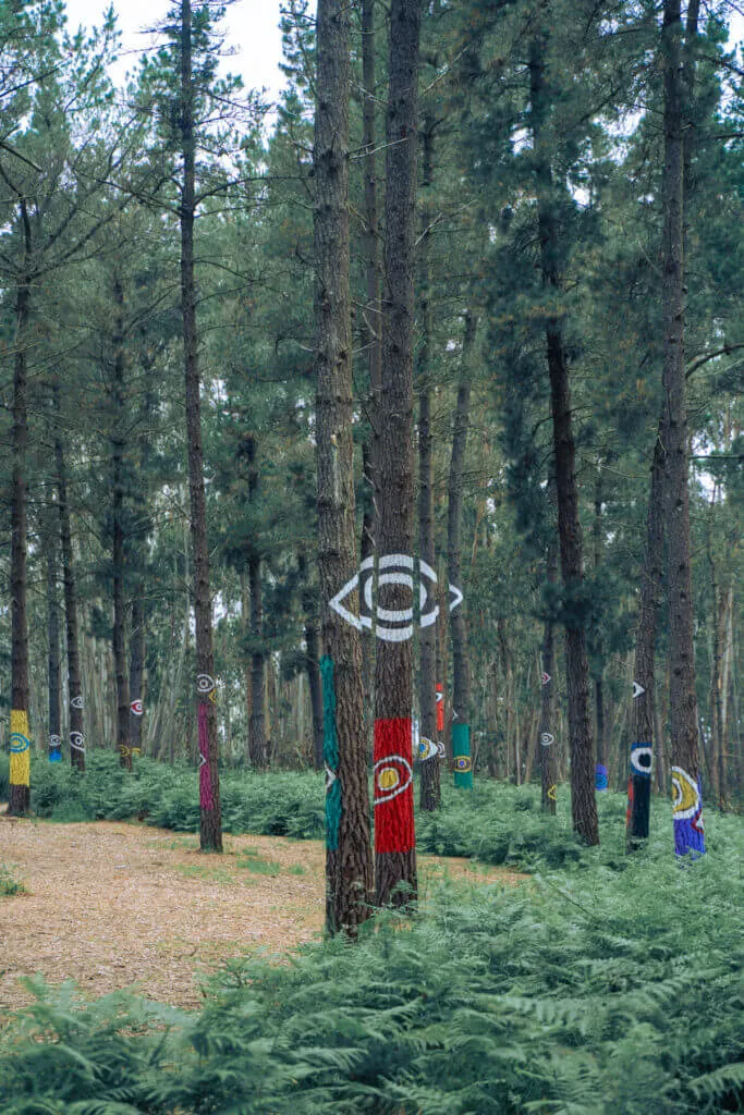 painted eye on mutiple trees basque spain