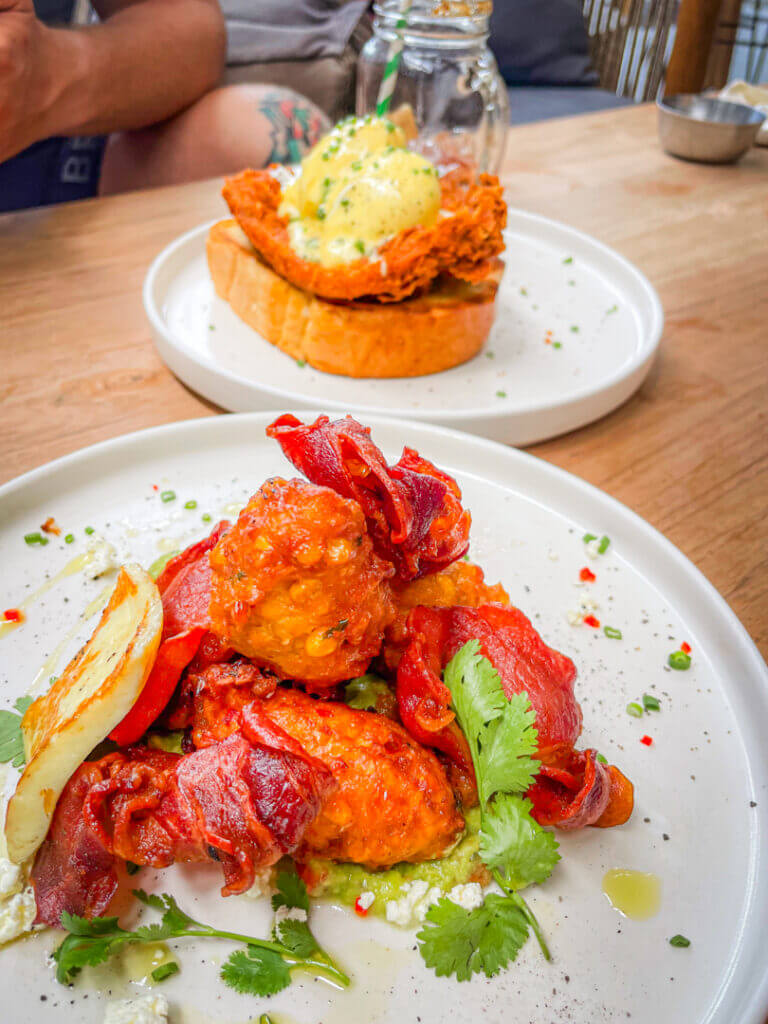 brunch club bali fritters and fried chicken benedict