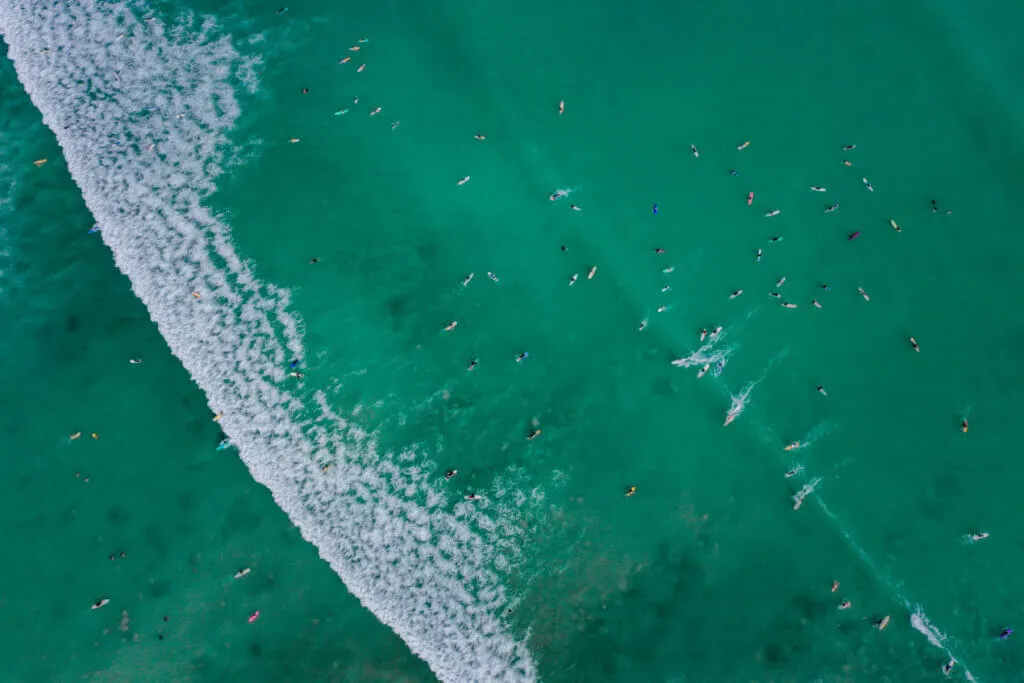 Doheny beach surfers from above Dana Point California