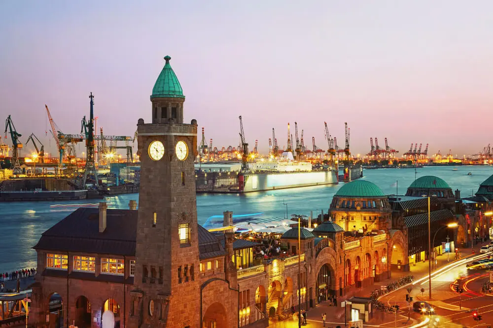 Hamburg harbor at dusk - plannig a tri to germany on a budget