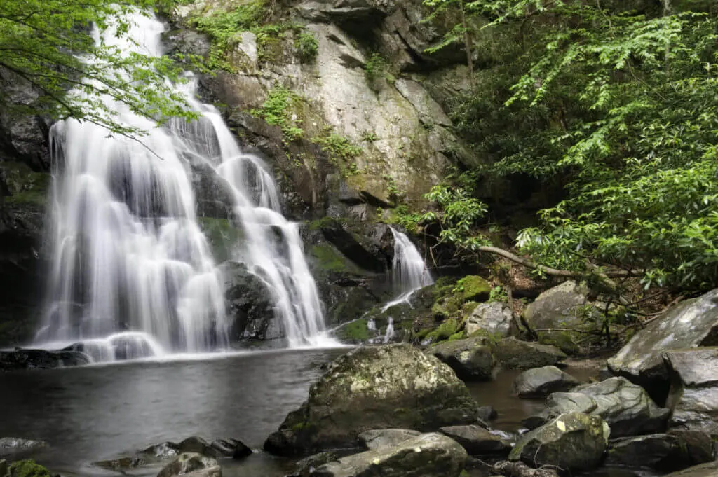view of large waterfall Spruce Falts Falls in the Smoky Mountains TN hiking trail