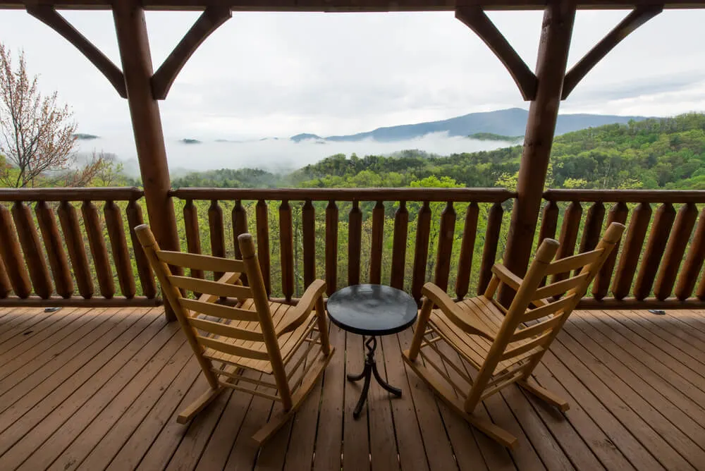smoky mountain view in the morning from romantic cabin deck