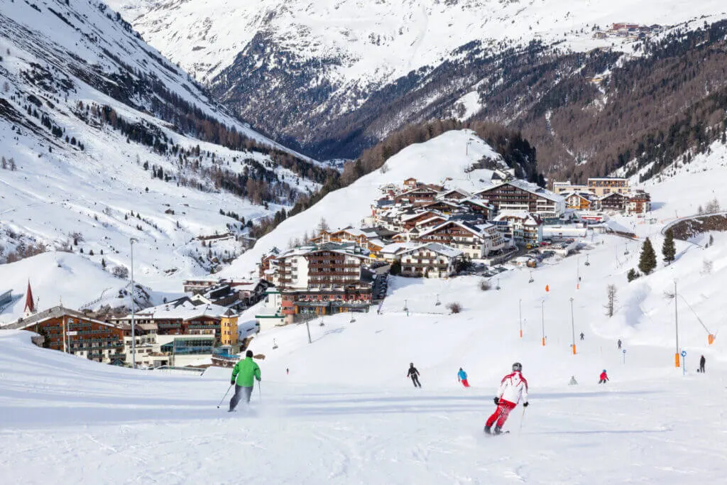 skiiers in Obergurgl, Austria, perfect for skiing in April europe