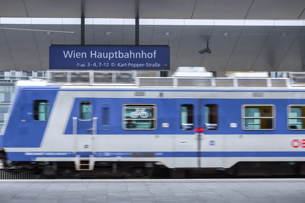 Train moving across the Platform in Vienna's Main Train Station, Wien Hauptbahnhof Vienna to Graz train