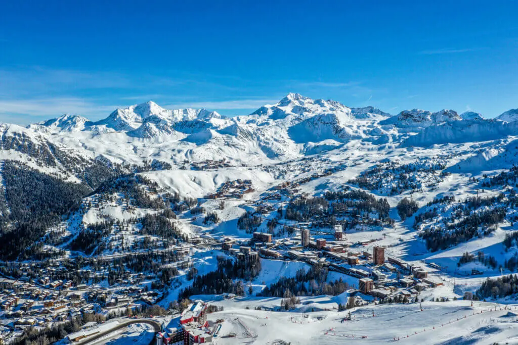 epic view of mountains of La Plagne, France ski area