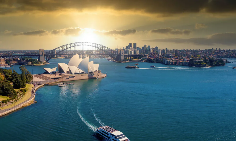 Aerial view of Sydney harbor at sunset