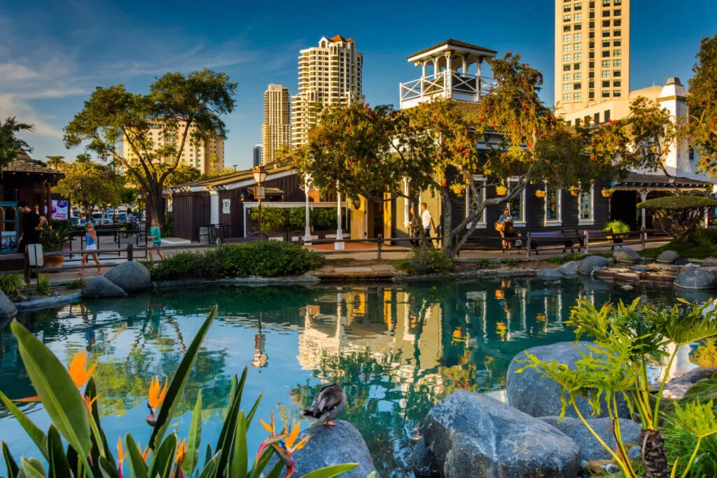 A view along Seaport Village, nice things to do in San Diego for couples