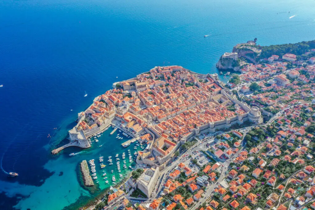 Dubrovnik old town from above with coastal views