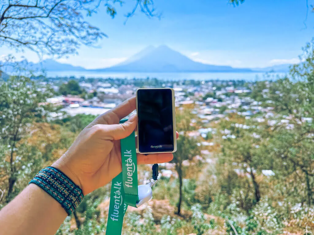 Fluentalk M1 Mini Handheld Translator device in Guatemala Lake Atitlan