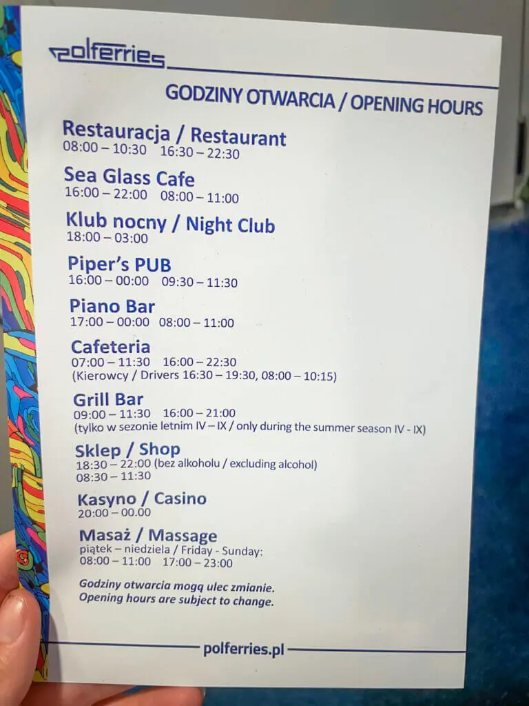 amenities bars restaurants shops and timings on the polferries nova star gdansk to stockholm