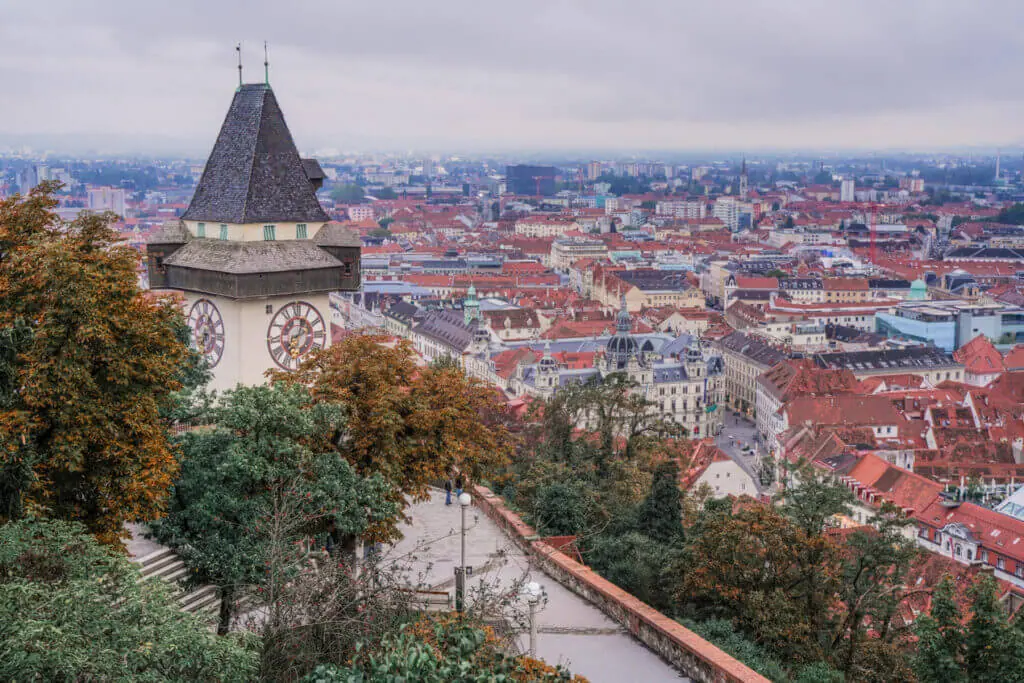 Views overlooking Graz city + Clock Tower from the Schlossberg if you take a rideshare Vienna to Graz