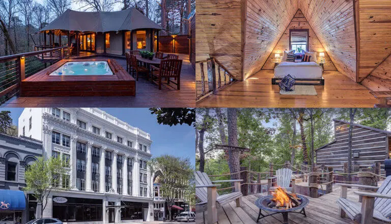 Unique places to stay in Hot Springs Arkansas: cabins, hot tubs, historic buildings, glamping, and more