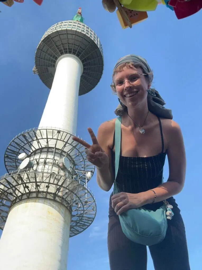 Selfie shot from below Seoul Tower