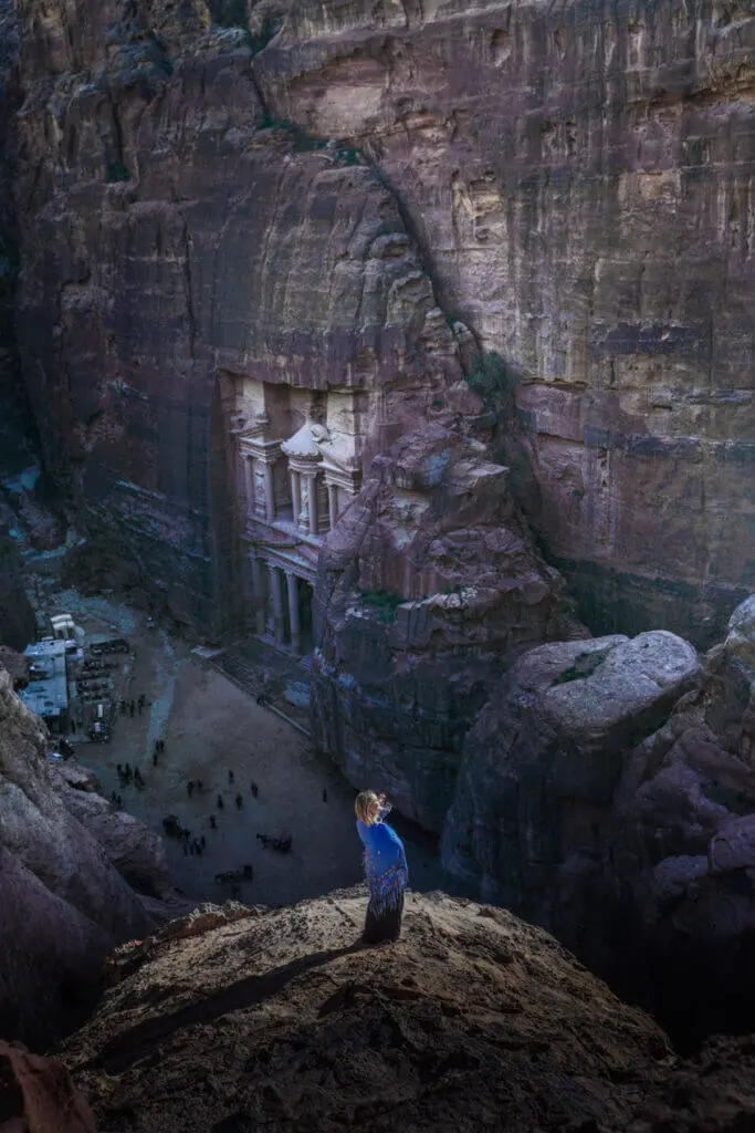 View of the treasury at Petra from Al Khubtha Trail jordan itinerary