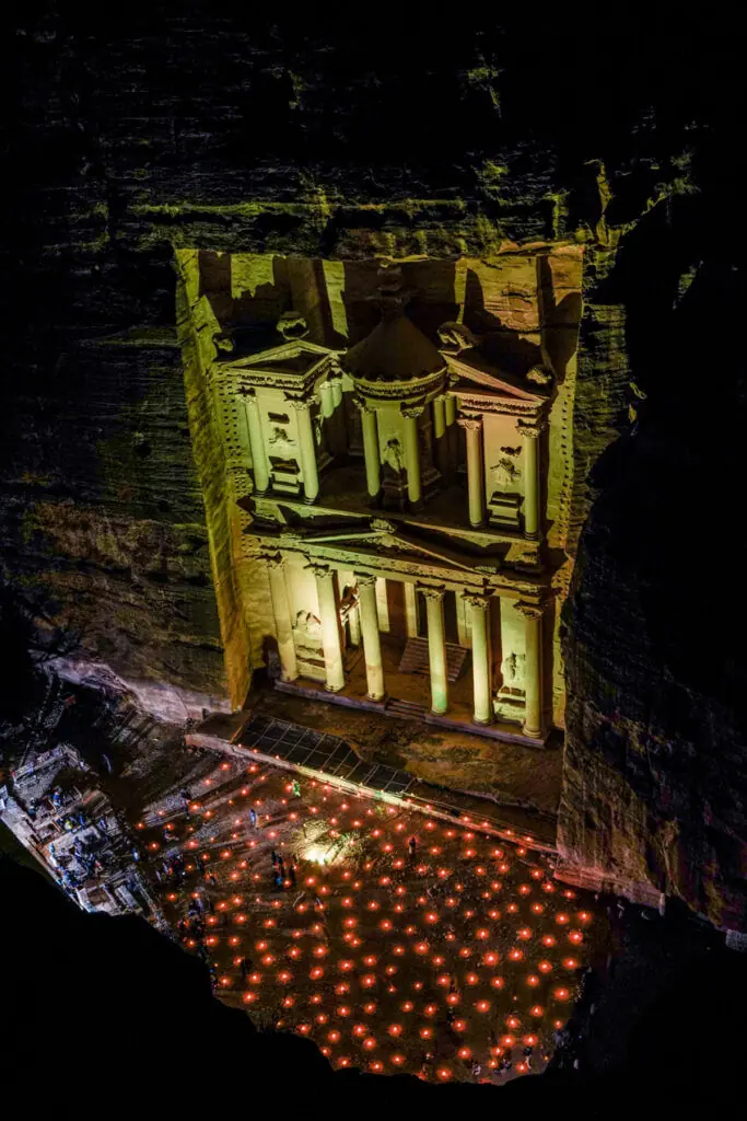 Petra by Night from the top viewpoint of the treasury Jordan