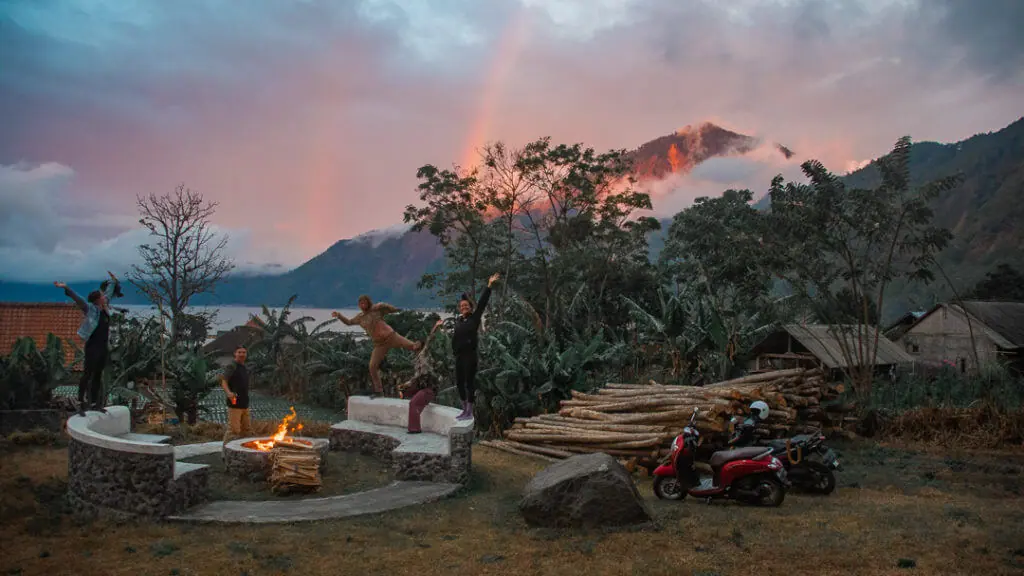 Rainbow sunset from Kintamani lodge cabin on lake