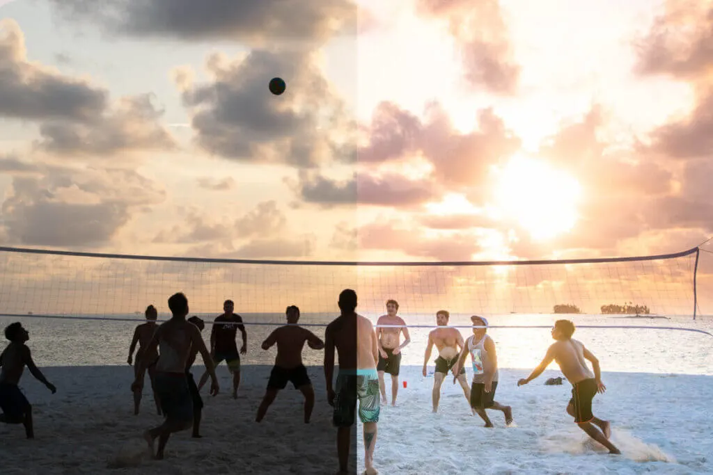 Before and after image of people playing volleyball