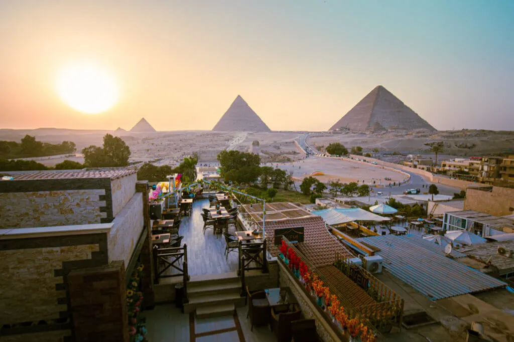 Pyramids of Giza from a rooftop restaurant