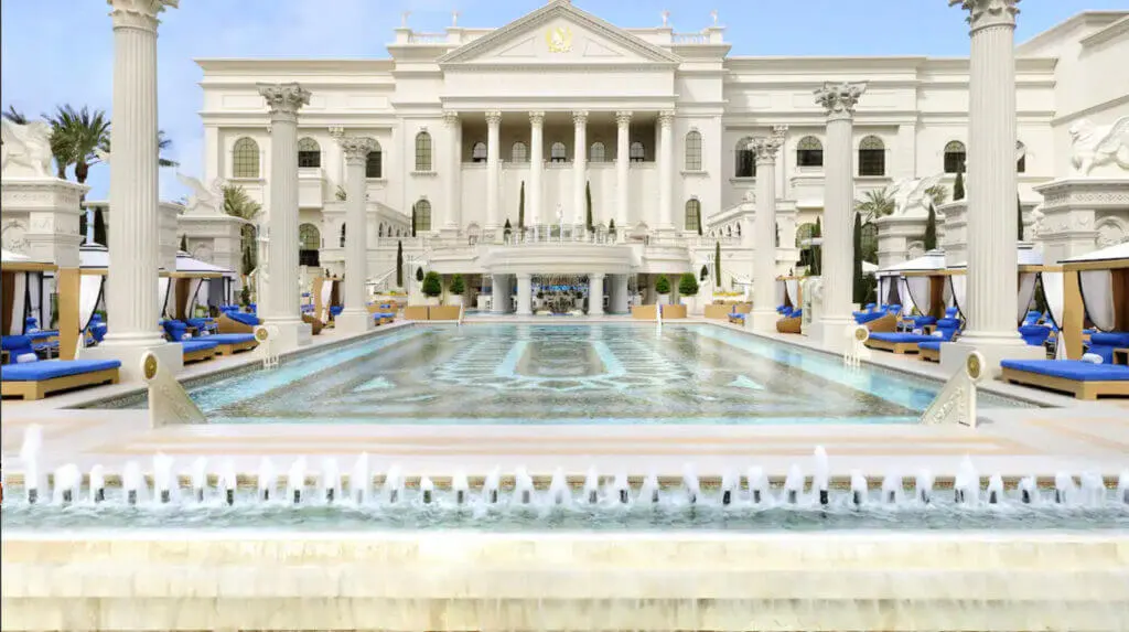 Caesar's Palace - A Lavish Roman Themed Las Vegas Hotel with pool and columns
