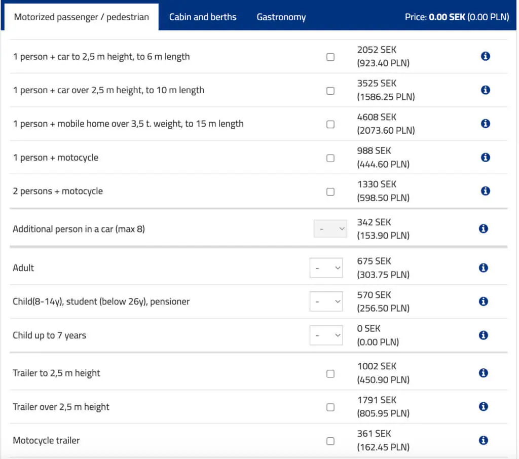 Prices for the ferry from Gdansk to Sweden for vehicles and for cabins/beds