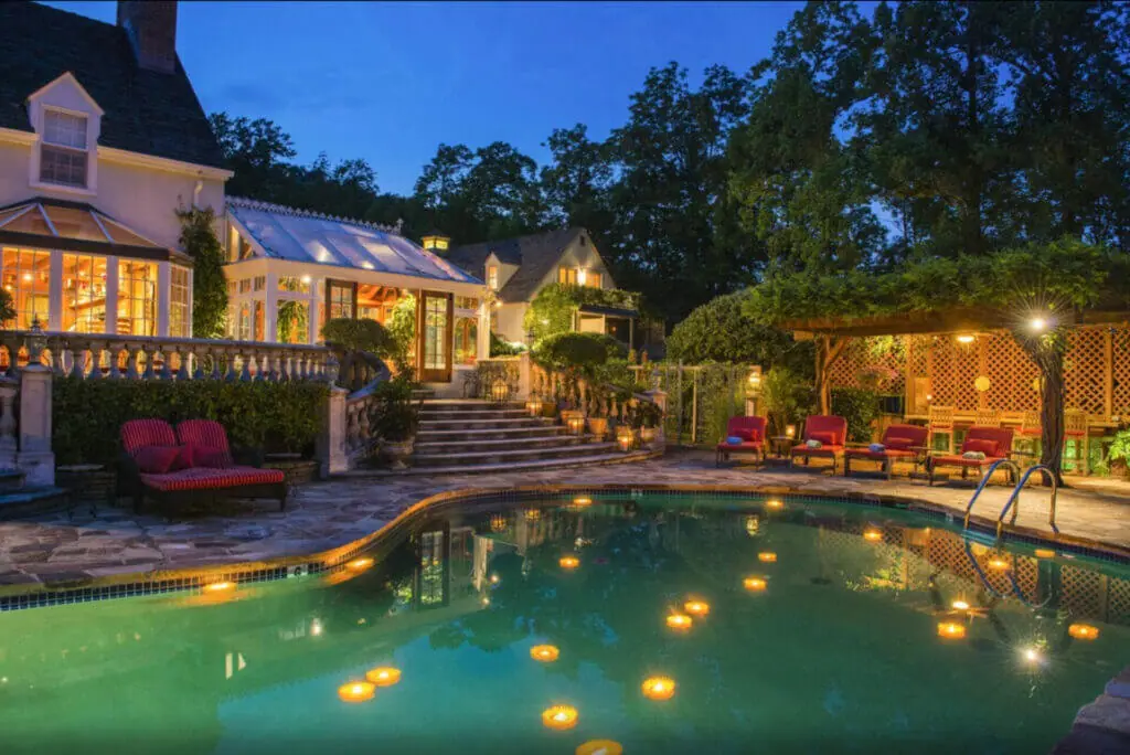 Romantic tree -lined pool area at the Inn at Bowman’s Hill New Hope Pennsylvania