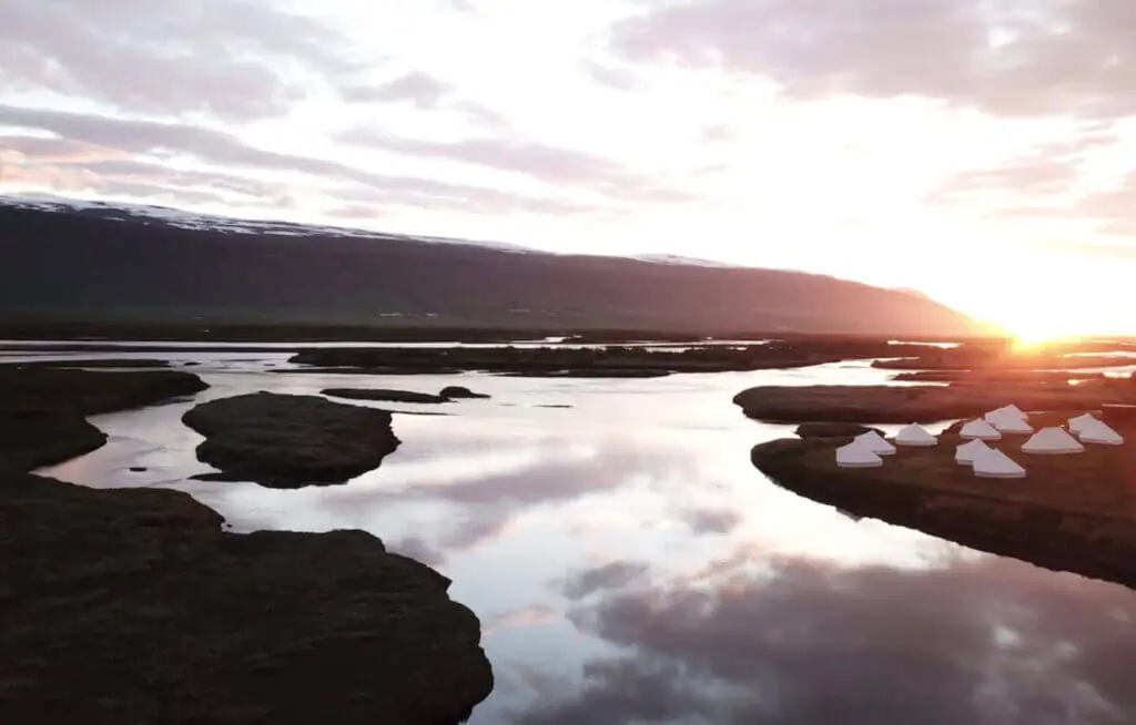 Sunset over the glamorous bell tents of Camp Boutique Iceland unique lodging