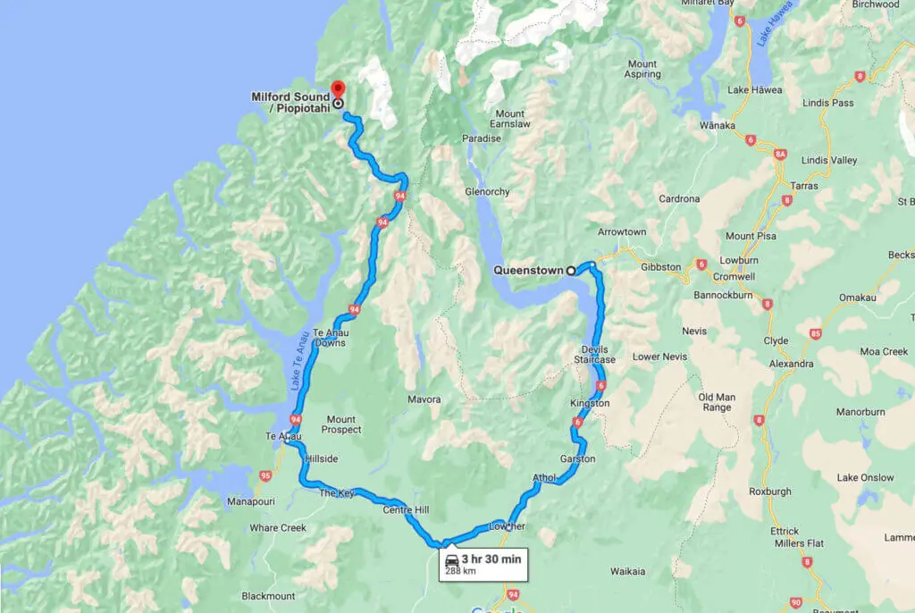 driving route from Queenstown to Milford Sound