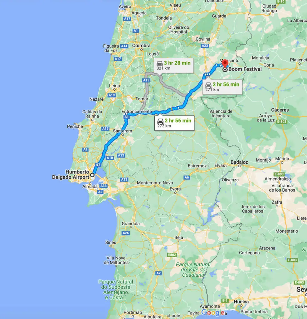 Lisbon Airport to Boom Festival Map