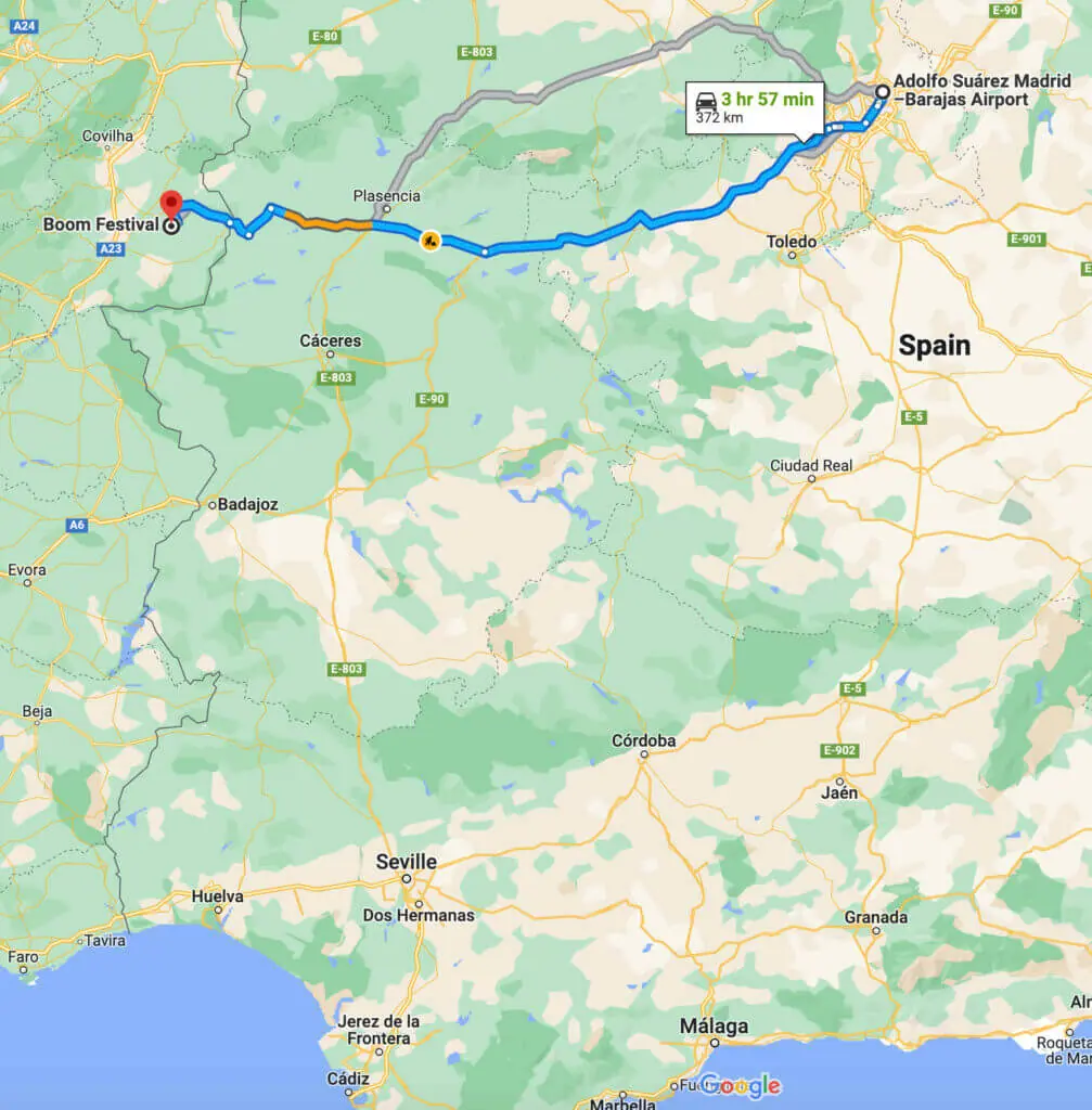 Madrid Airport to Boom Festival Map