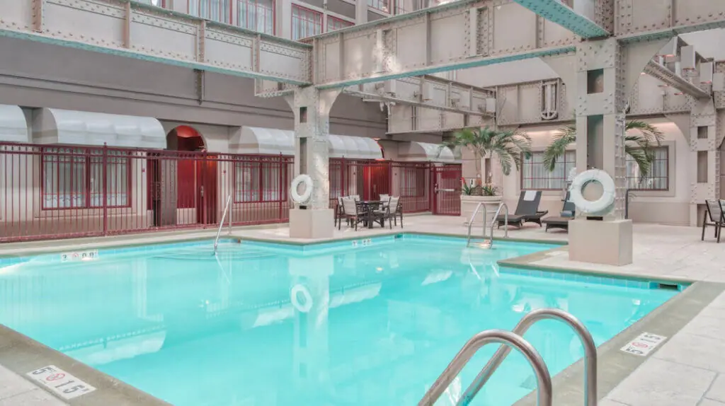 The swimming pool at fun hotel the Crowne Plaza in Indianapolis
