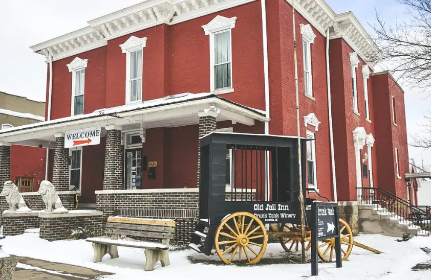 Exterior of fun to place to stay in Indiana, the Old Jail Inn