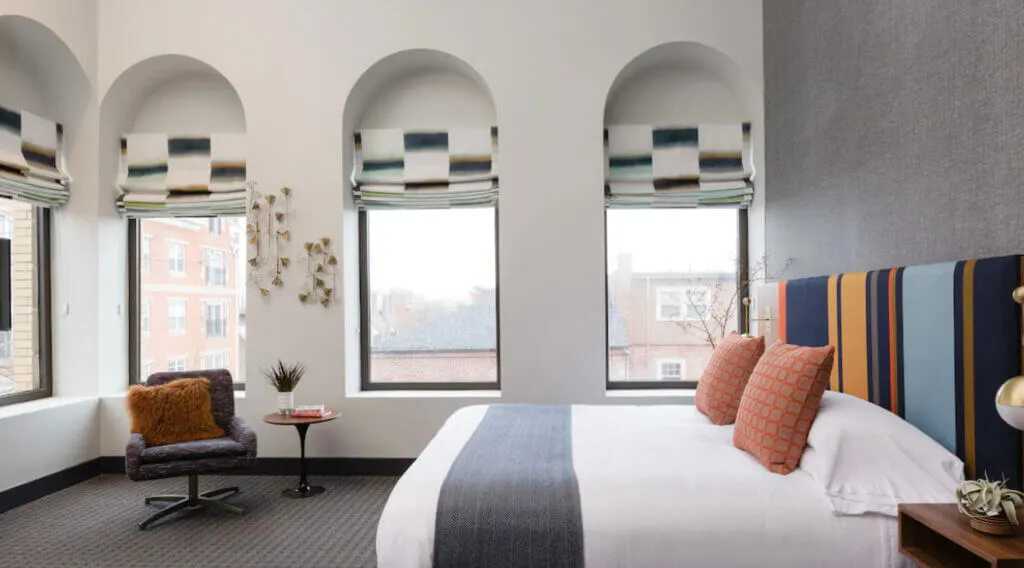 Retro accents are all around this hotel room of The Hotel Salem Massachusetts