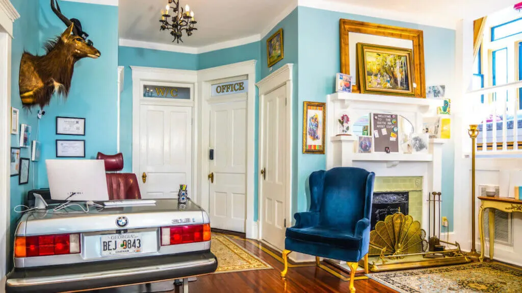 Charming lobby of fun Inn in Savannah, GA Isetta Inn