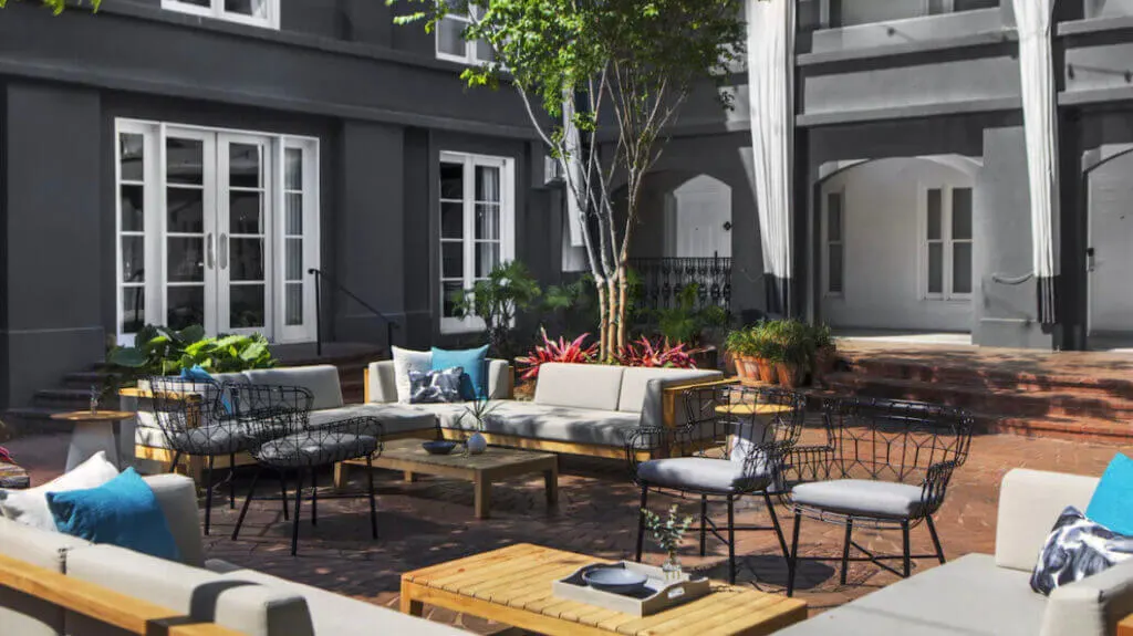 Garden lounge space at Kimpton Brice Hotel, Savannah, GA