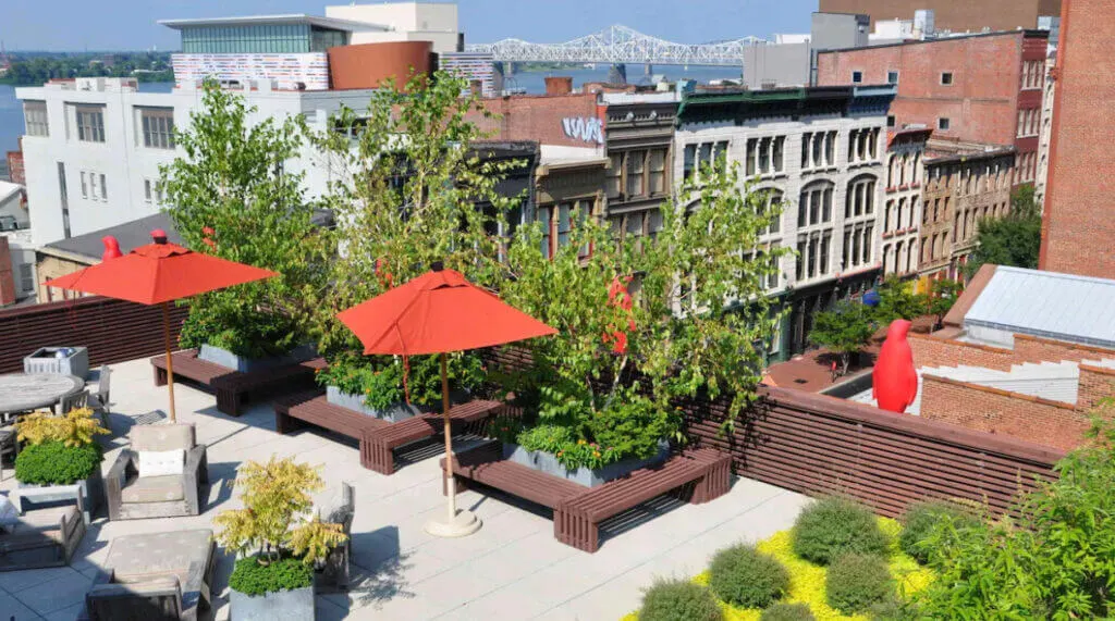 Rooftop terrace at unique Louisville hotel 21c Museum Hotel