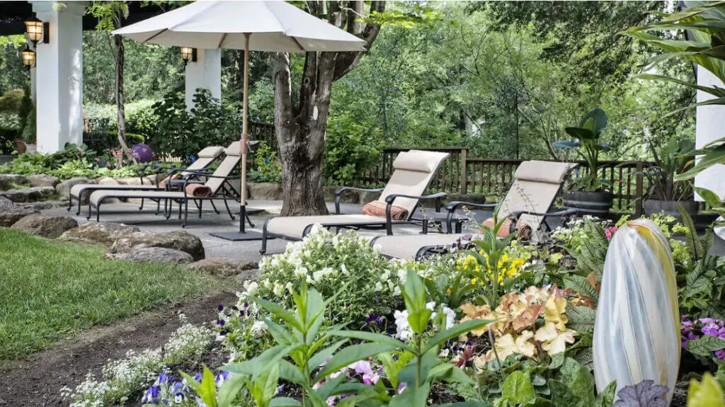 Lounge chairs outside fun hotel in Napa Candlelight Inn Napa Valley