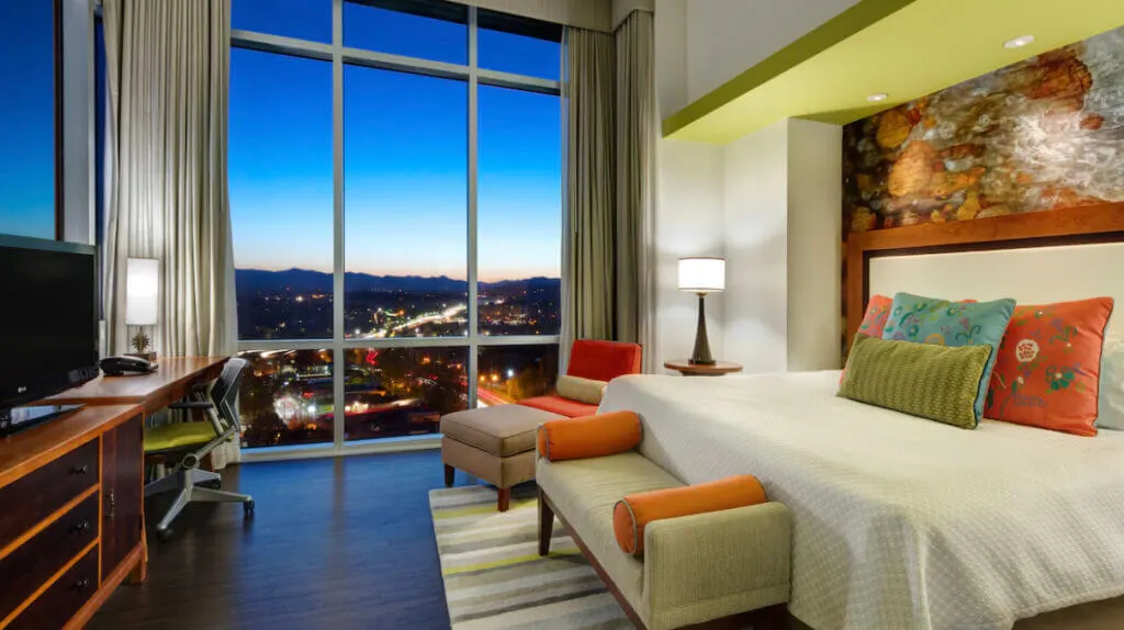 room interior and mountain view from fun Asheville Hotel Indigo North Carolina