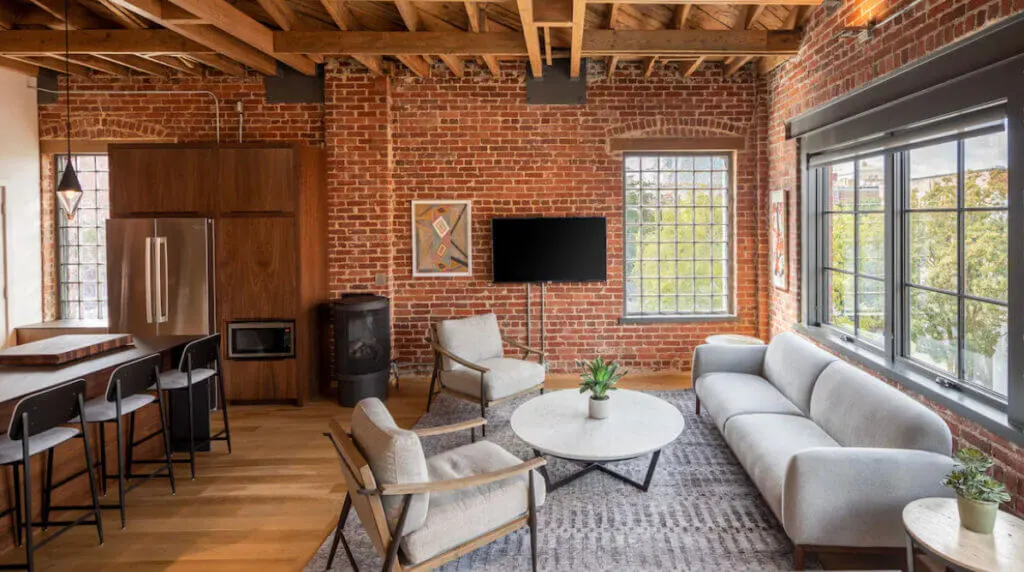 Seating area in room at unique Asheville lodging, Elevation Lofts Hotel